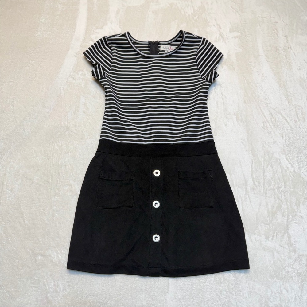 3/27$ Girls black & white striped dress with faux suede skirt size 8